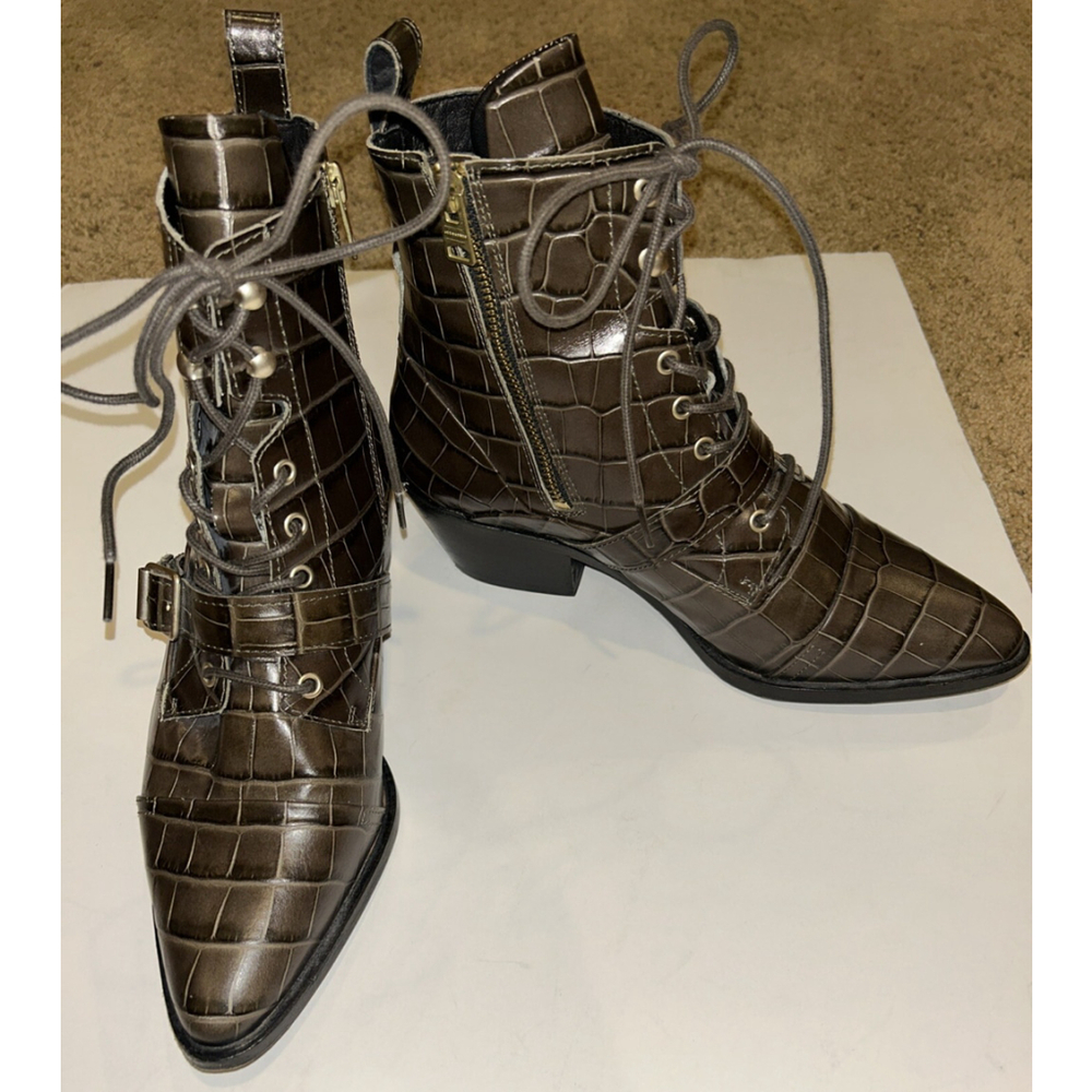 ALLSAINTS Katy Leather Lace Up Side Zipper Ankle Boots Dark Khaki Croc 40 (US 9)